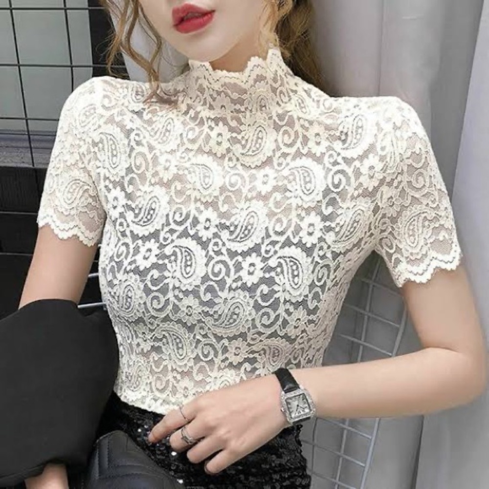 EXPRESS BRAND NEW GREY BLACK LACE MOCK NECK WITH OPEN BACK TOP!